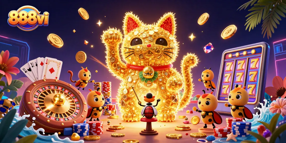 Experience luxury and excitement at 888vi's vibrant casino with dazzling symbols and festive coins.