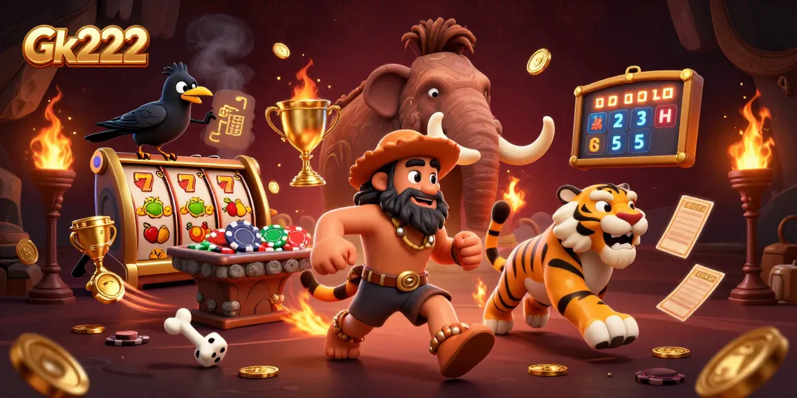 Experience thrilling gaming at Gk222 with a dynamic 3D casino illustration featuring colorful slots and vibrant characters.