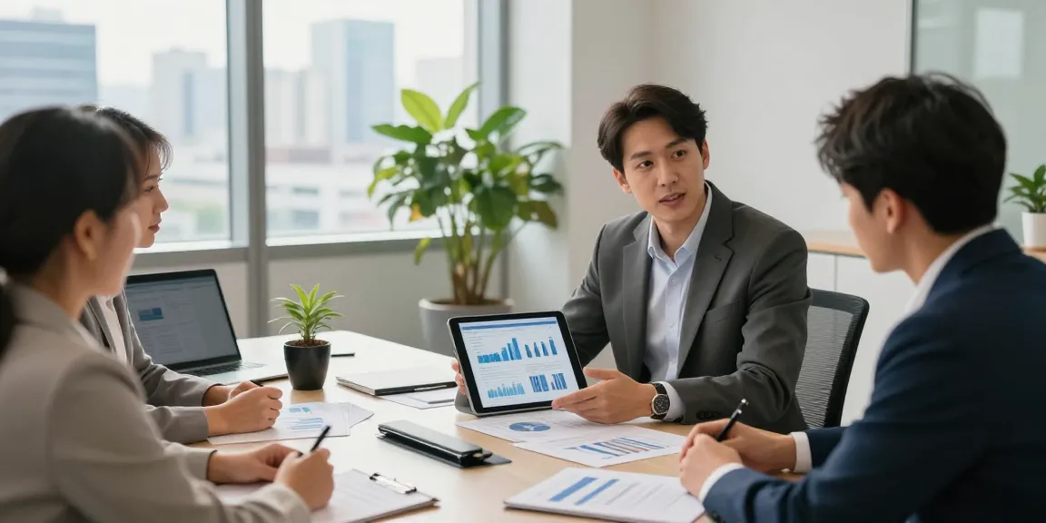 Financial advisors engaging with clients in a modern office, reviewing personalized plans collaboratively.