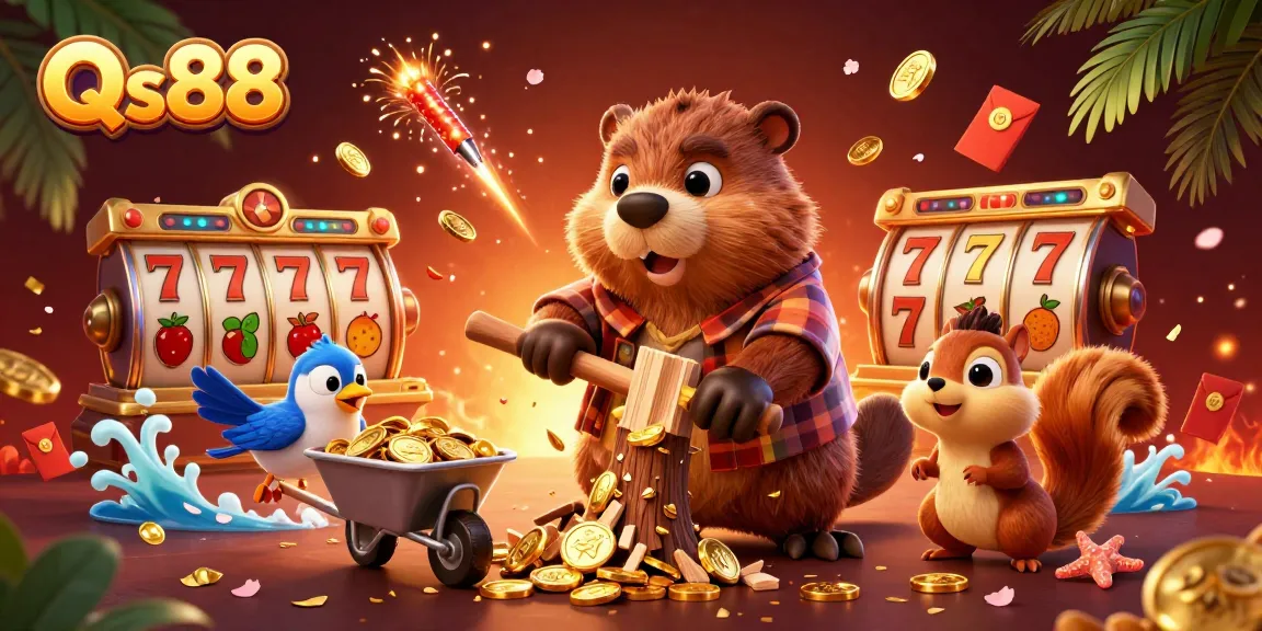 Engage with Qs88's thrilling casino experience as a beaver celebrates winnings amidst dynamic slots.