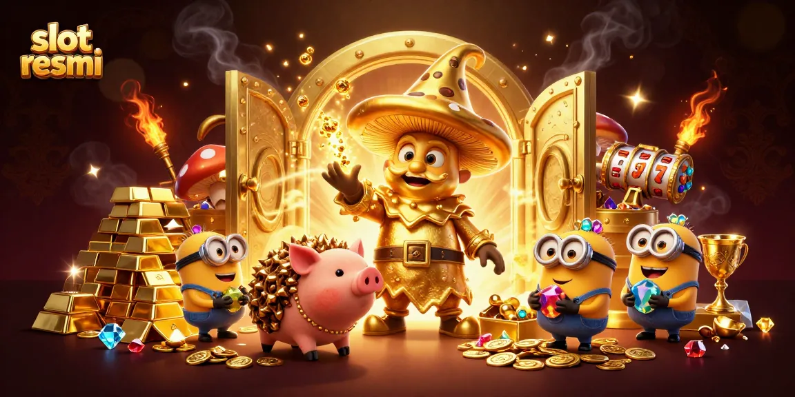 Experience exciting slot resmi gaming with characters and treasures in this vibrant scene.