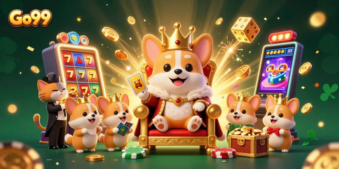 Go99 jackpot explosion with a royal corgi and a cat butler in a dynamic casino scene