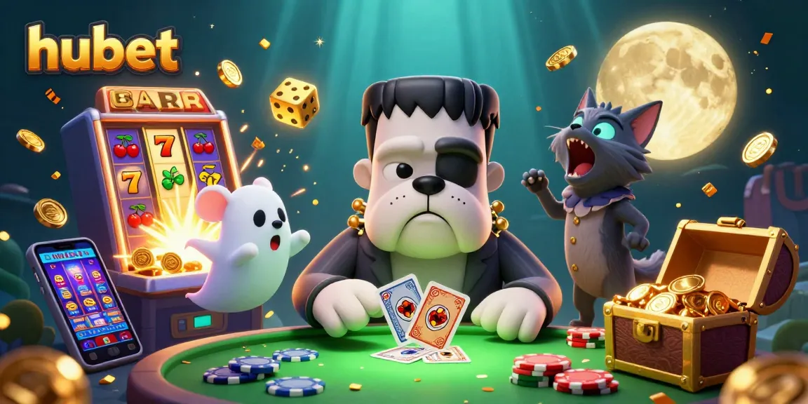 Bet with hubet as the Frankenstein bulldog deals cards at a spooky table surrounded by casino excitement.