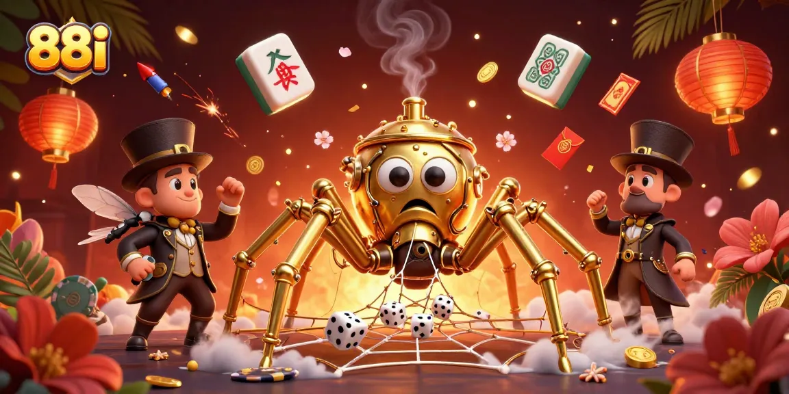Engage in thrilling gameplay with 88i, featuring a dynamic scene of a steampunk spider capturing dice amidst a vibrant casino atmosphere.