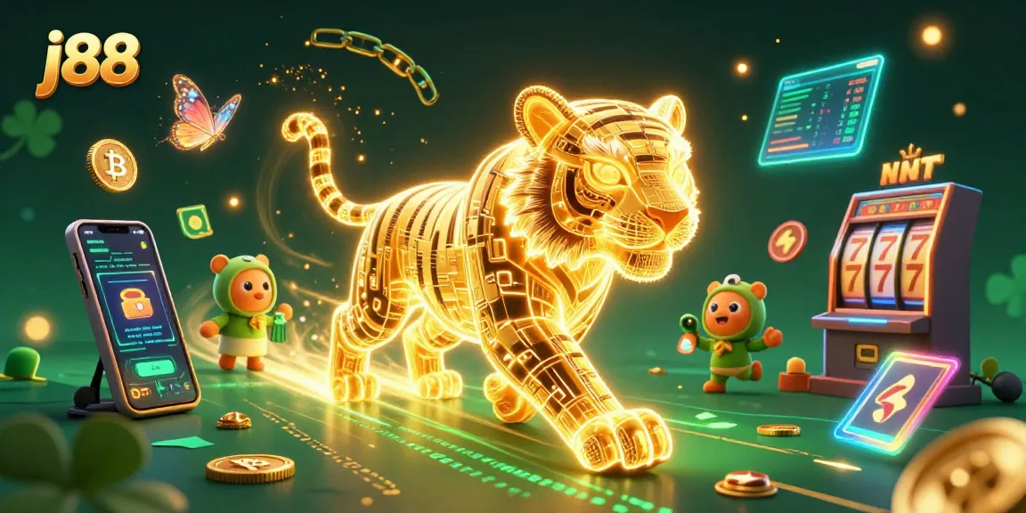 Experience the excitement of winning at j88 with a neon-wireframe tiger in a dynamic casino scene.