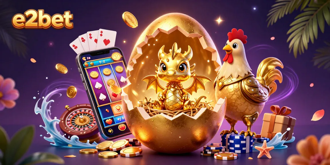 Experience e2bet's vibrant gaming world with a golden dragon and slot games.