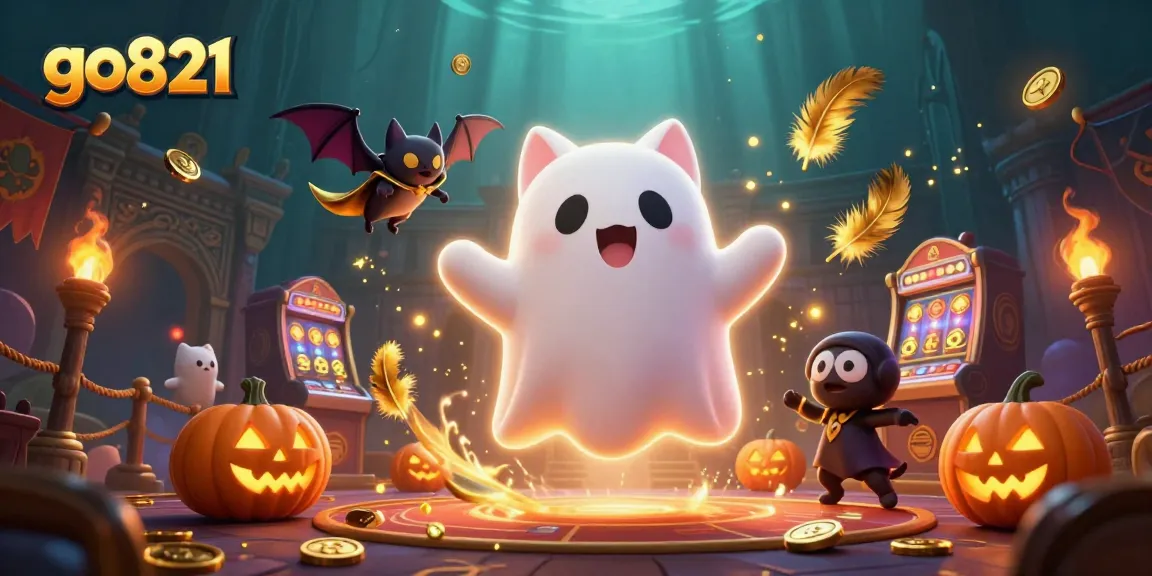Engage in the spooky world of go821 with a ghost cat and vampire bat amidst glowing slot machines.