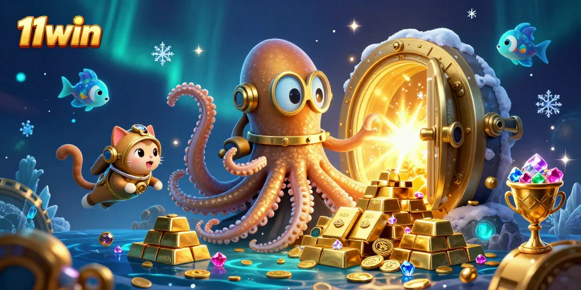 Engage with 11win, featuring a kraken and diving cat in a treasure-filled underwater casino.