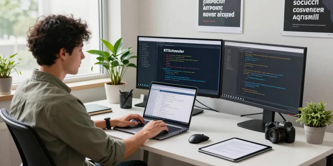 Developer using RTIScheduler software in a bright office setting, showcasing tech workspace.