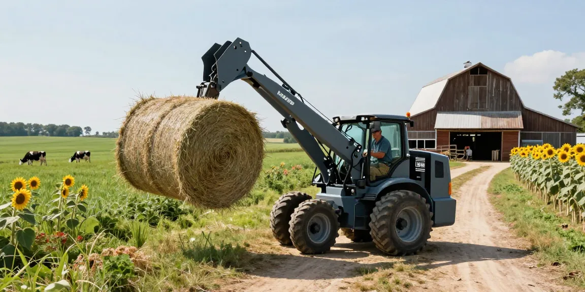 Best farm electric loader in action lifting hay bales on a sunny farm.