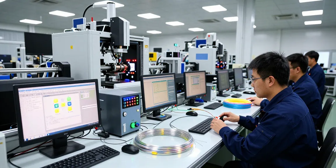 Engineer inspecting precision fc fiber assemblies in a modern optical manufacturing facility.