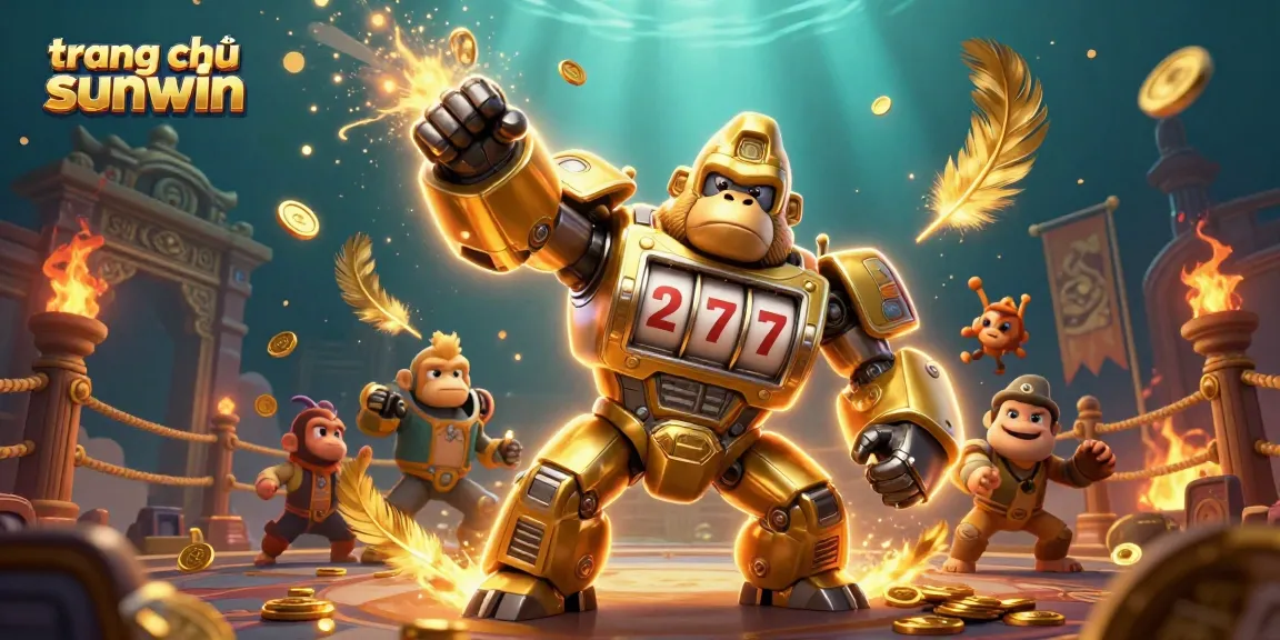 Experience excitement on trang chủ sunwin with an explosive scene featuring a golden gorilla mech and casino elements.
