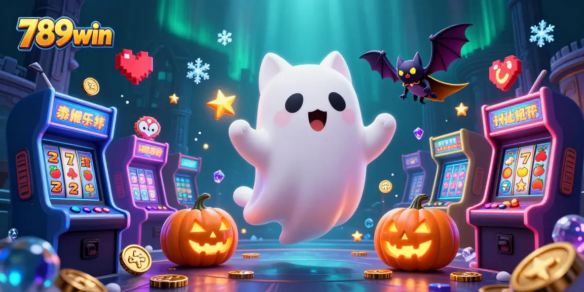 Play slots and win with 789win in a vibrant haunted casino scene featuring unique characters.