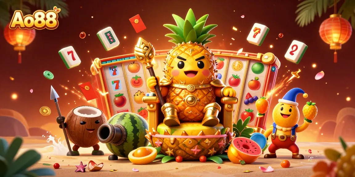 Experience the thrill of Ao88 with vibrant 3D casino characters amidst slot reels and festive elements.