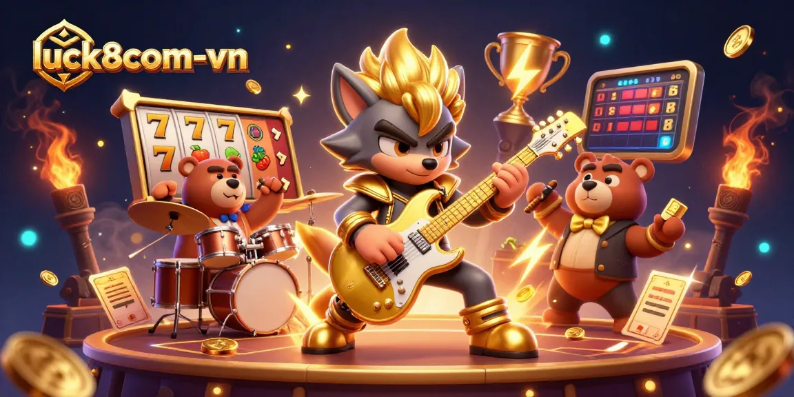 Experience excitement at luck8com-vn as cartoon characters showcase thrilling gaming action on stage.