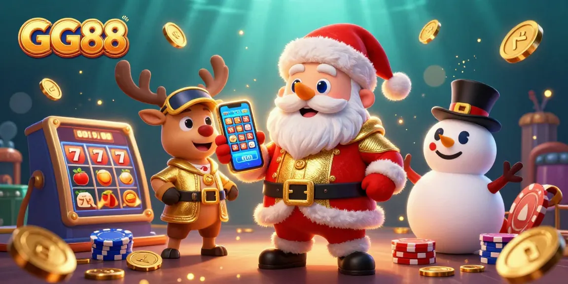 Play jackpot slots at GG88 with Santa Claus, a reindeer dealer, and a poker chip snowman.