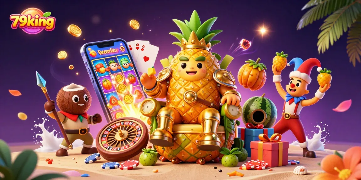Engage with thrilling games at 79king, where the golden pineapple king presides over a vibrant casino scene filled with poker chips and slots.